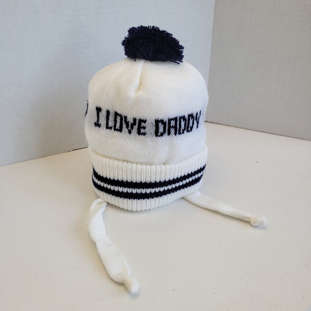 VTG Beanie Kids Toboggan Child Toddler Knit Pom Pom I Love Mommy Daddy Deadstock